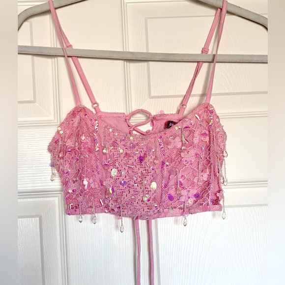 Urban Outfitters Tops - NWOT Pink Sparkly Sequin & Jewels Lace Cami Crop Top — Small